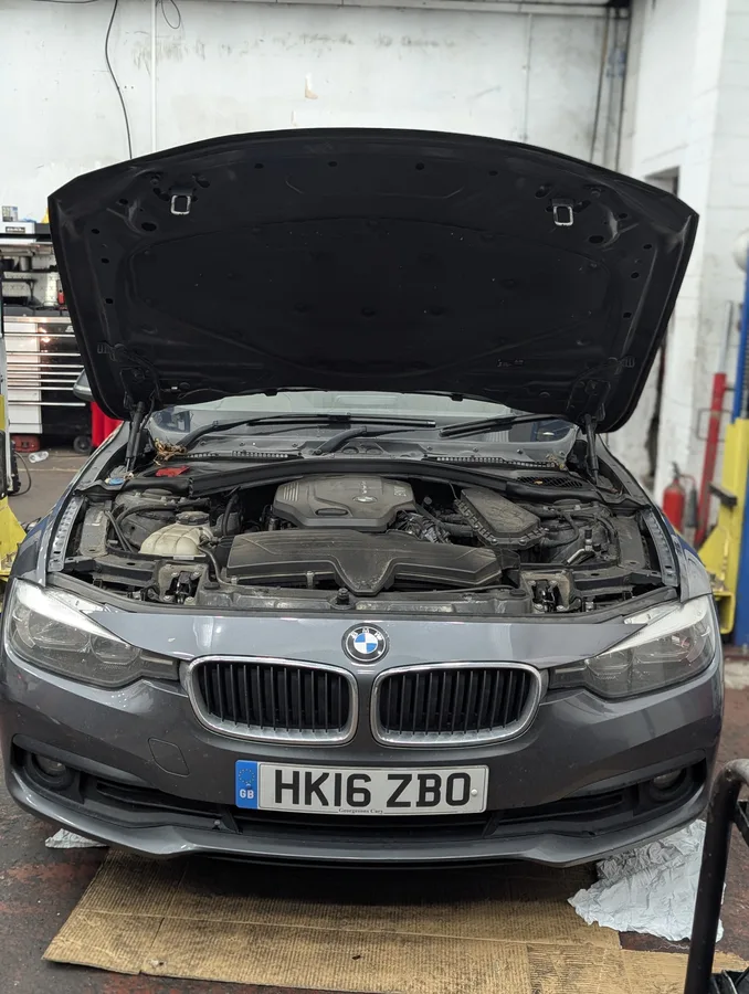 BMW 320d F30 ECU remap - bonnet up in workshop