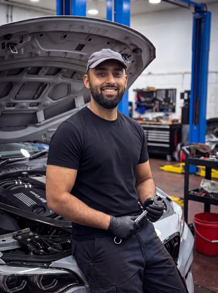 Sabbah, founder of Faztech Motorworks, in the workshop